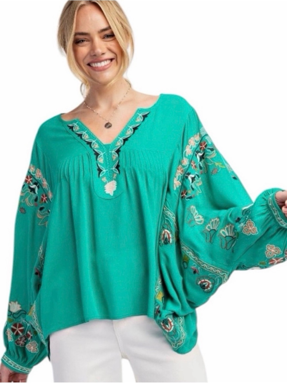 Easel Embroidered Peasant Boho Blouse Teal Green Womens Medium